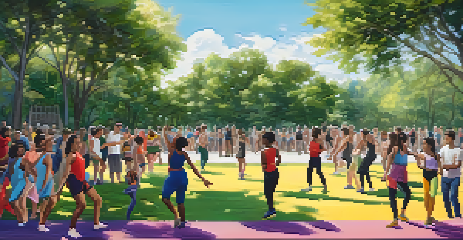 A vibrant outdoor dance workshop in a park with participants of various gender identities learning different dance styles under natural light.