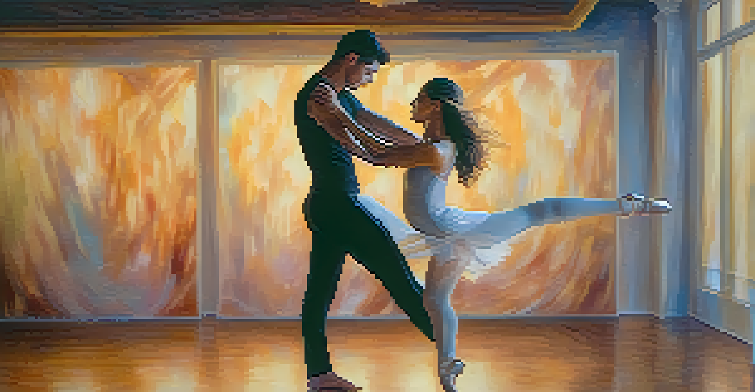 Two dancers in a tender moment of trust, one lifting the other in a graceful pose.