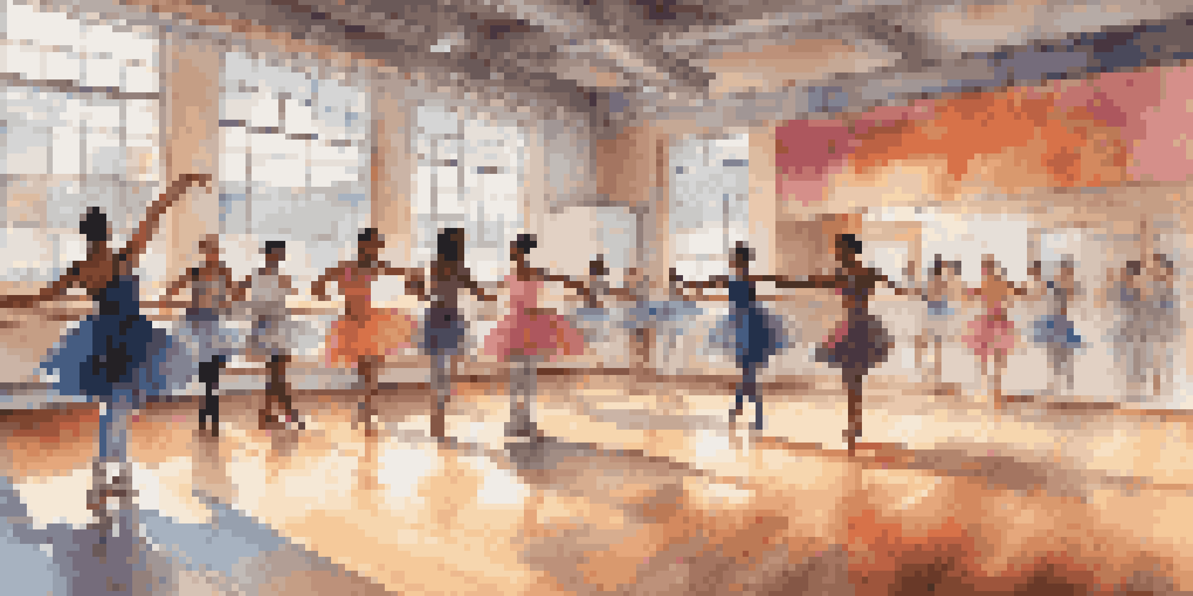 A lively dance studio with diverse dancers practicing various dance styles, illuminated by natural light.