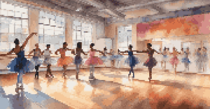 A lively dance studio with diverse dancers practicing various dance styles, illuminated by natural light.