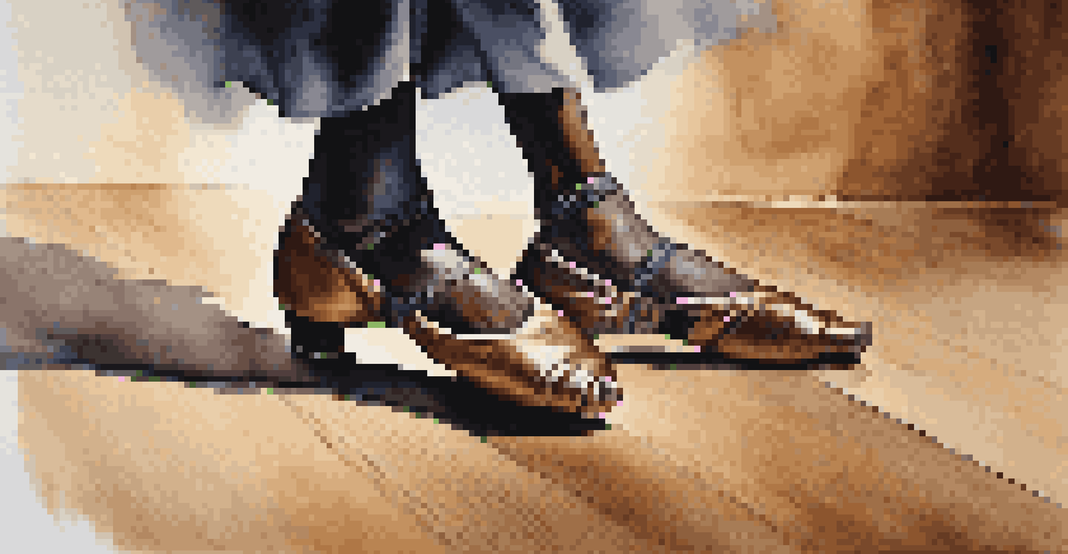 A close-up of a dancer's feet in traditional African dance shoes, showcasing graceful movements on a wooden stage with dramatic lighting.