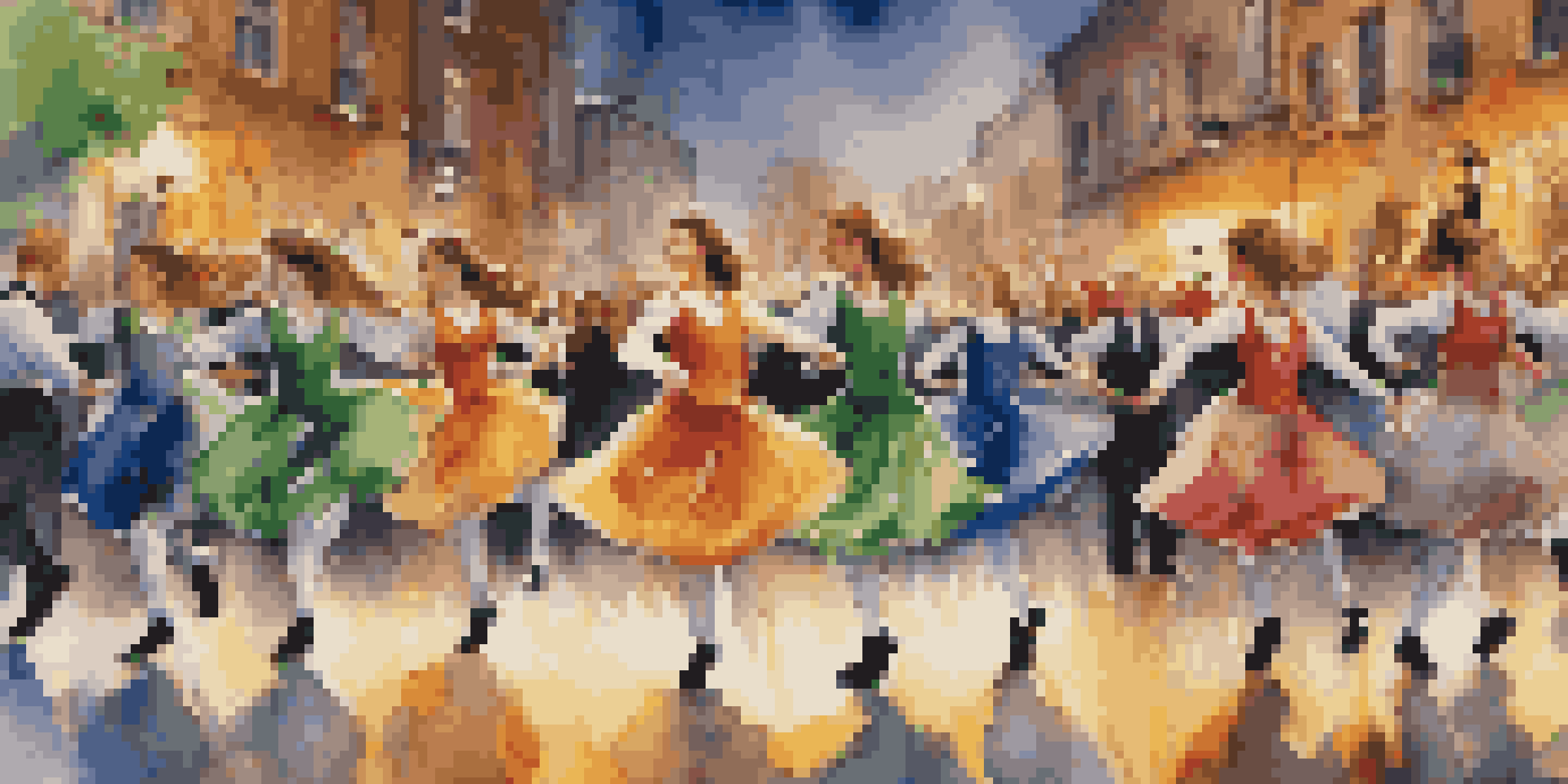 A lively traditional Irish dance performance with dancers in colorful outfits and an engaged audience, featuring traditional instruments in the background.