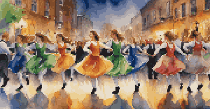 A lively traditional Irish dance performance with dancers in colorful outfits and an engaged audience, featuring traditional instruments in the background.