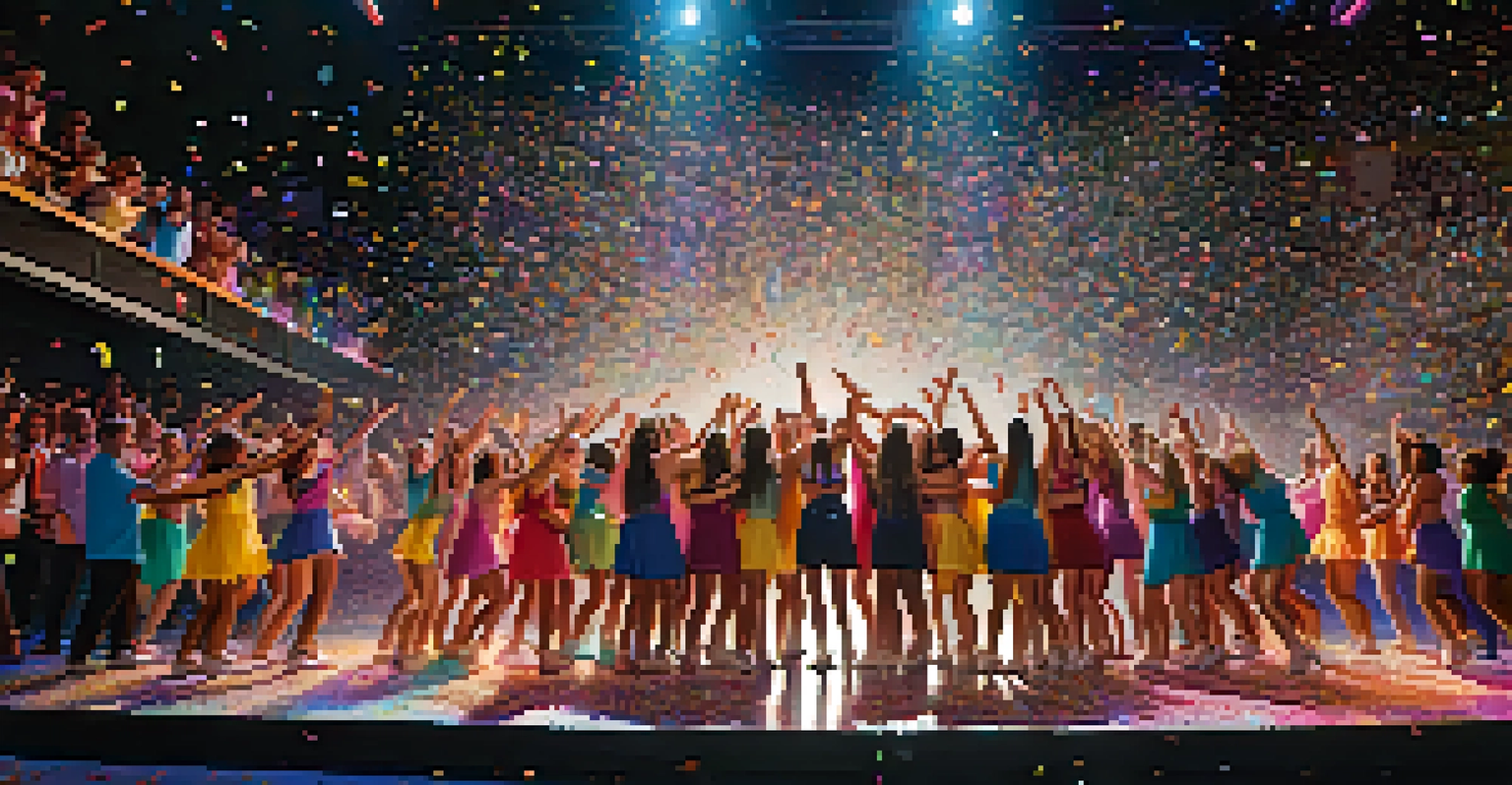 A dance team celebrating their success on stage with confetti and joyful expressions.