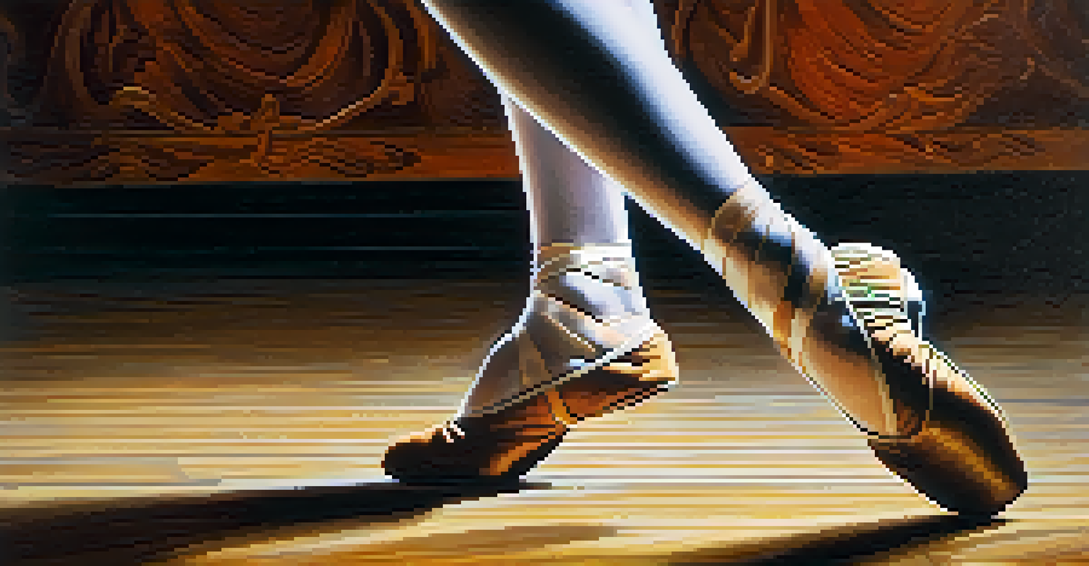 Close-up of a dancer's feet in motion, showcasing dance shoes on a textured wooden stage.
