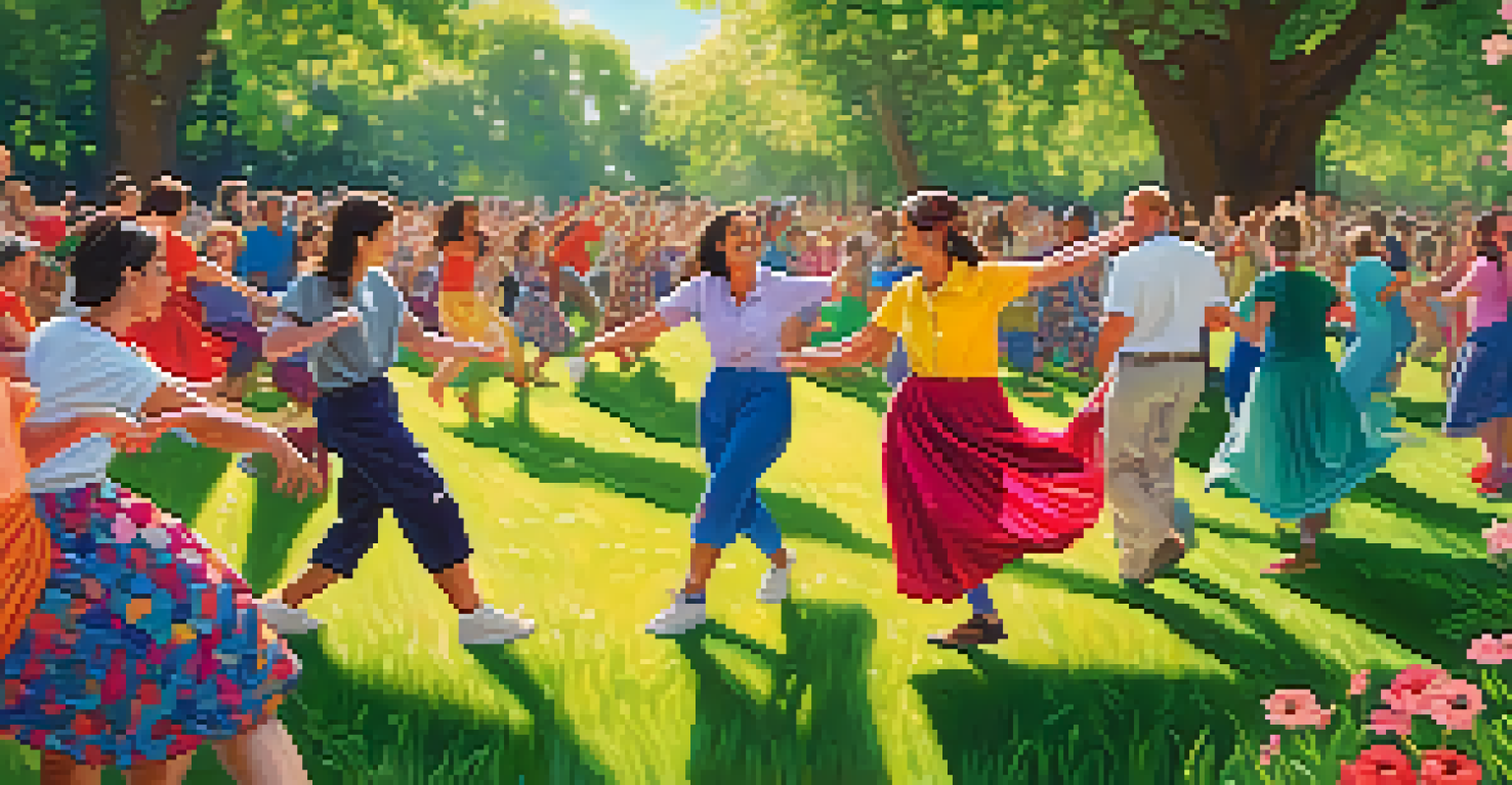 Participants engaged in an outdoor dance therapy session in a lush park, moving freely among trees and flowers.