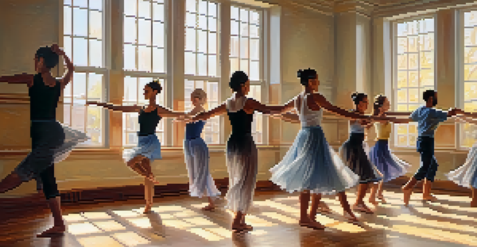 A group of diverse individuals dancing in a sunlit studio, expressing emotions through movement in a warm and inviting atmosphere.