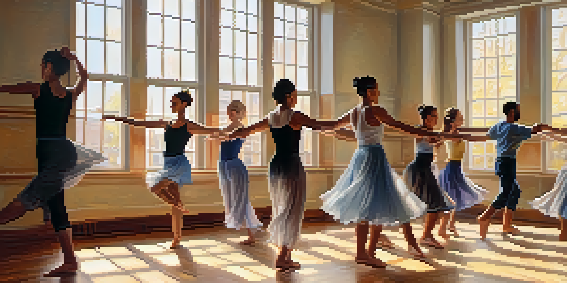 A group of diverse individuals dancing in a sunlit studio, expressing emotions through movement in a warm and inviting atmosphere.