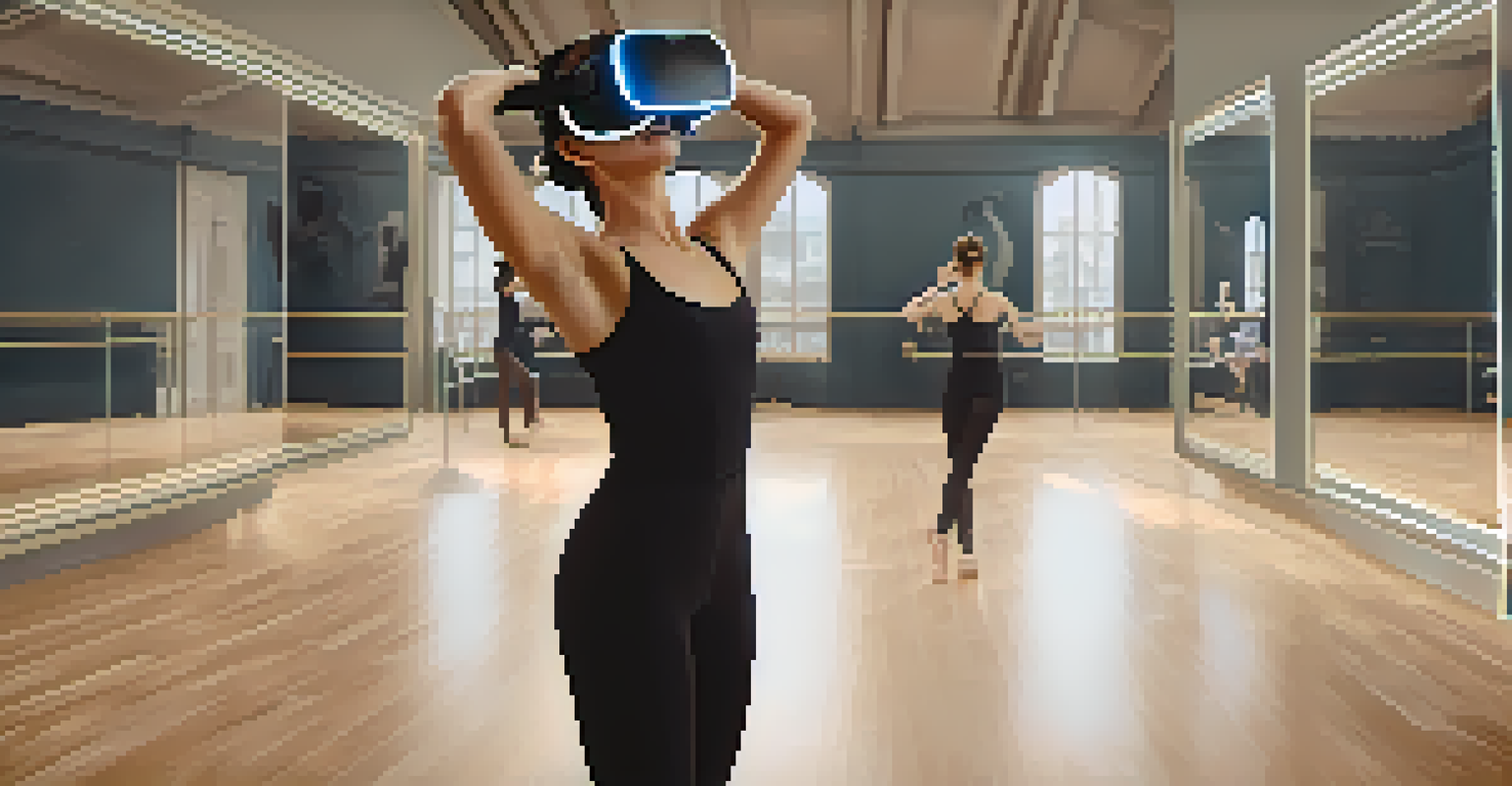 A student wearing a VR headset in a dance studio, practicing ballet in a virtual environment.