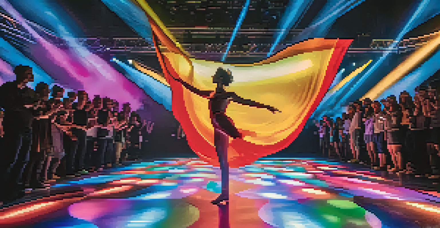 A dancer performing on stage with interactive projections, captivating the audience with colorful lights and an energetic atmosphere.