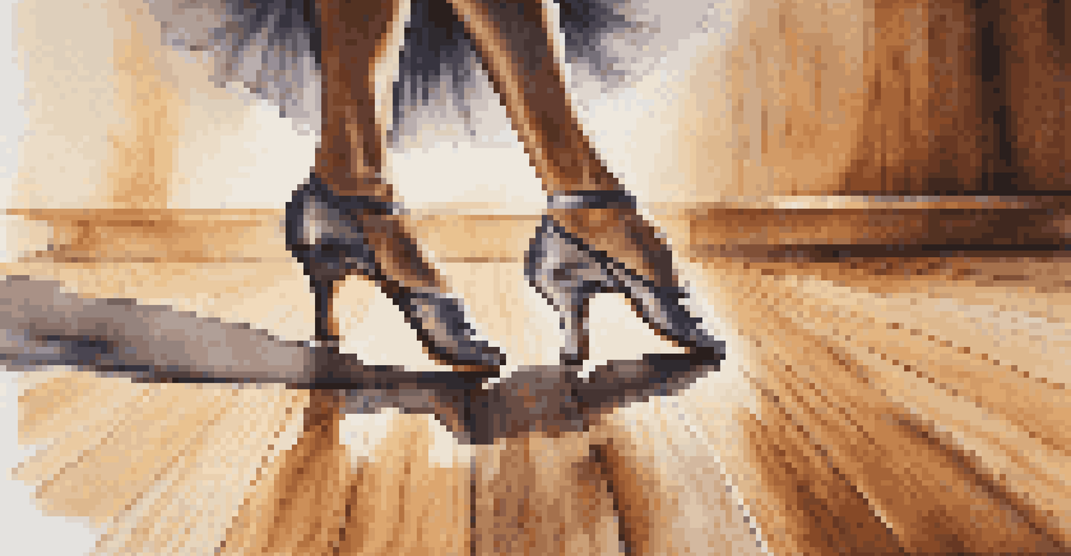 Close-up of a dancer's feet in motion on a polished wooden floor, focusing on the details of their shoes.
