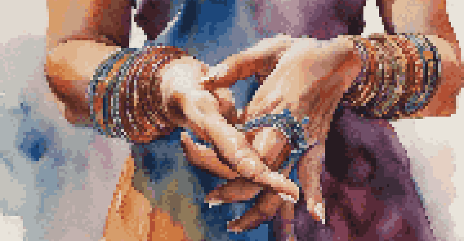 Close-up of a dancer's hands performing intricate gestures, adorned with bangles, against a blurred stage background.