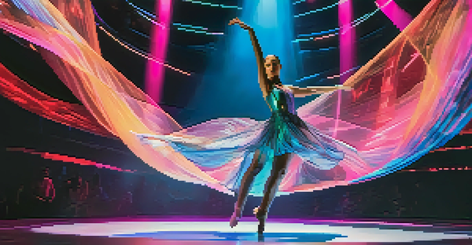 A dancer performing on stage with a holographic representation of artificial intelligence, showcasing a blend of technology and dance.