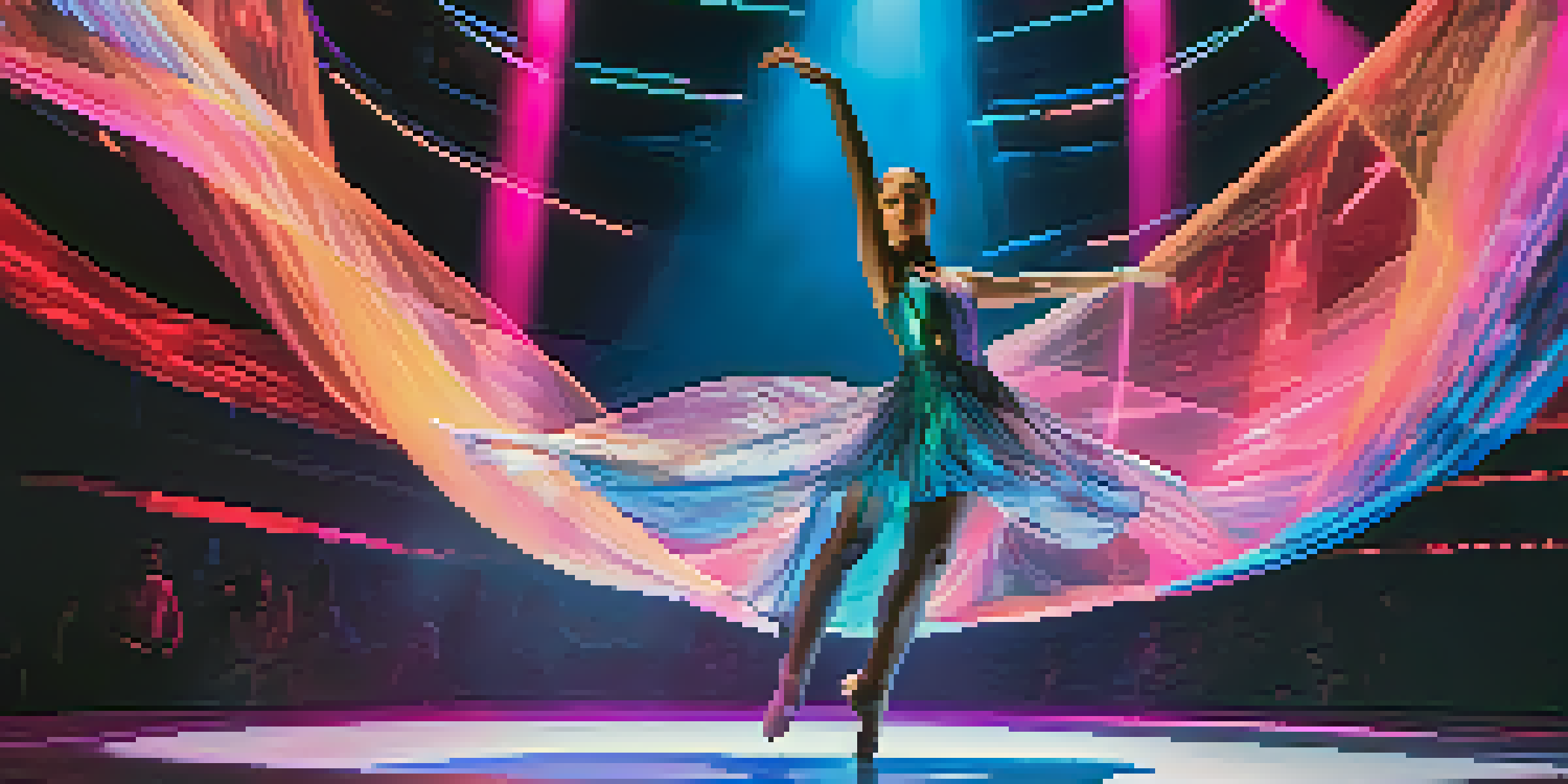 A dancer performing on stage with a holographic representation of artificial intelligence, showcasing a blend of technology and dance.