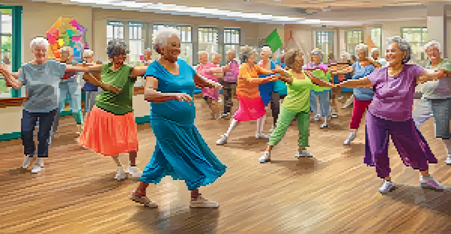 A lively dance class for seniors in a community center, showcasing diverse older adults engaged in dance.
