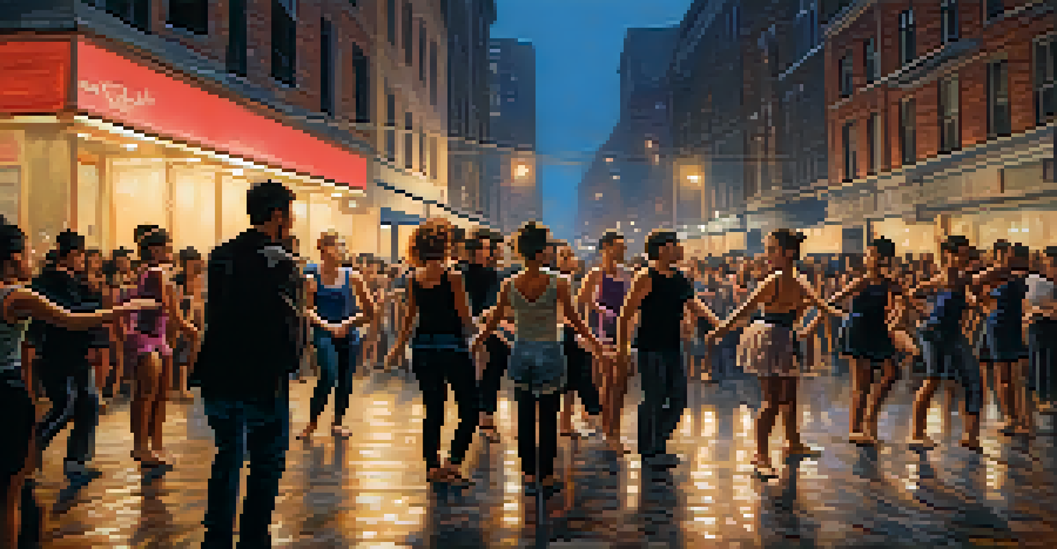 Dancers performing silently in a busy urban street, creating a powerful emotional atmosphere as onlookers watch in reflection.