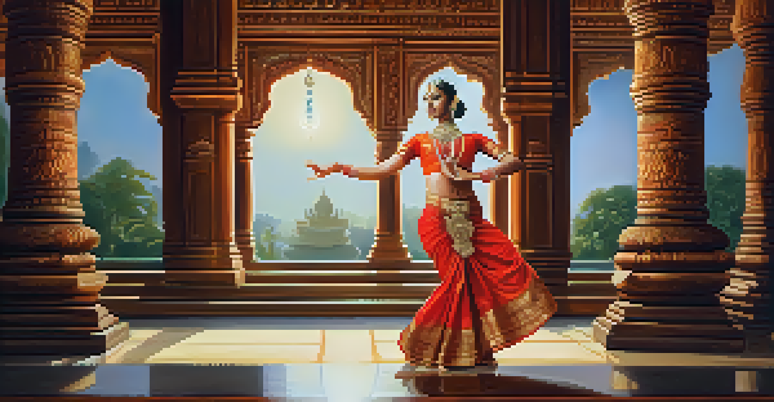A Bharatanatyam dancer performing in a temple, adorned in traditional attire and jewelry, with a serene backdrop of temple carvings.