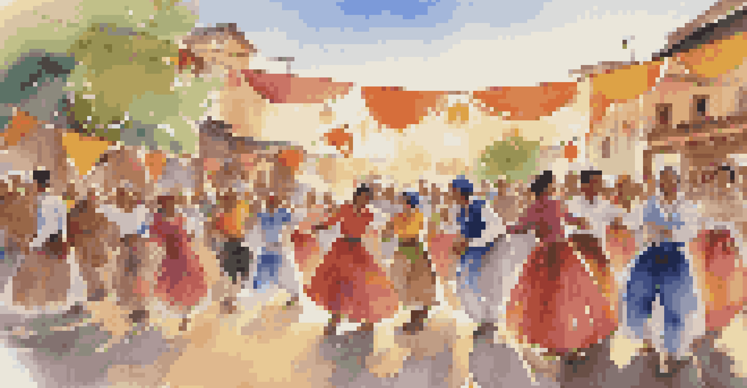 A vibrant outdoor festival with people of various ages dancing traditional folk dances, surrounded by colorful decorations and a sunset.