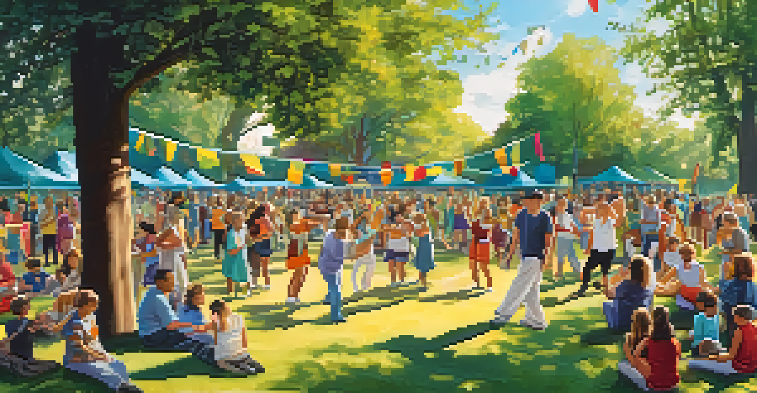 A vibrant community dance event in a park, with people of all ages dancing and engaging in environmental workshops.