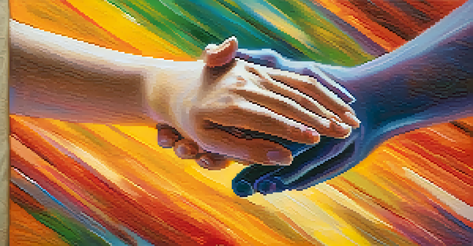 A close-up of two hands clasped together, representing support and connection during a dance therapy session, with a colorful blurred background.