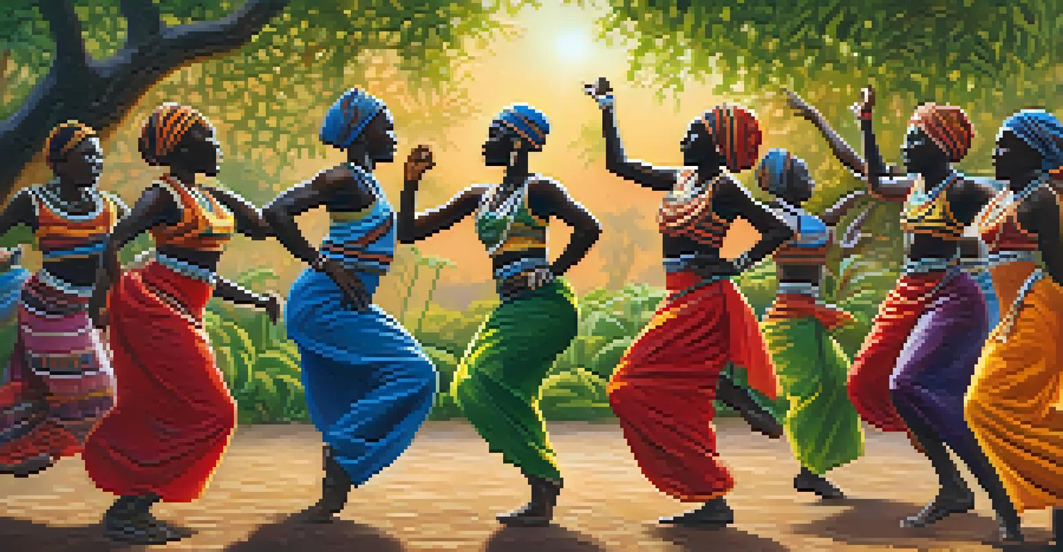 Dancers in colorful traditional African outfits performing joyfully in a natural setting at sunset.