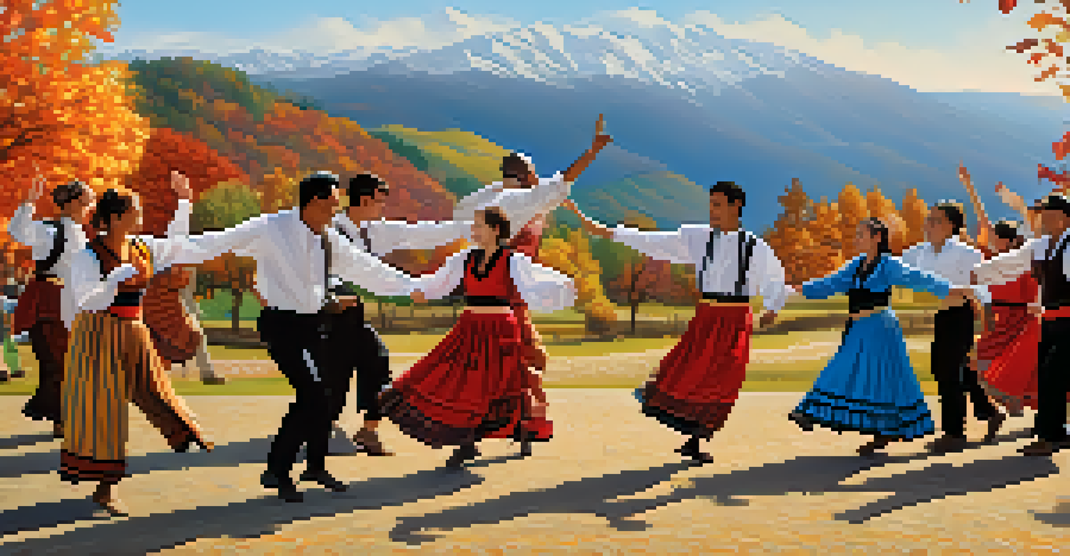 A group of people of different backgrounds participating in a folk dance outdoors, celebrating nature and the changing seasons.
