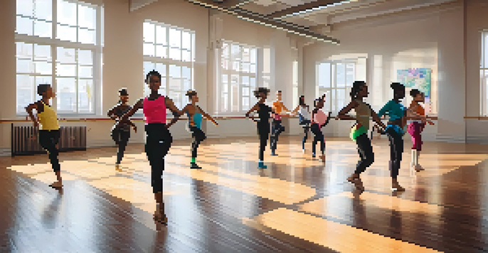 A lively dance class with diverse dancers practicing various styles in a bright room with a digital instructor.