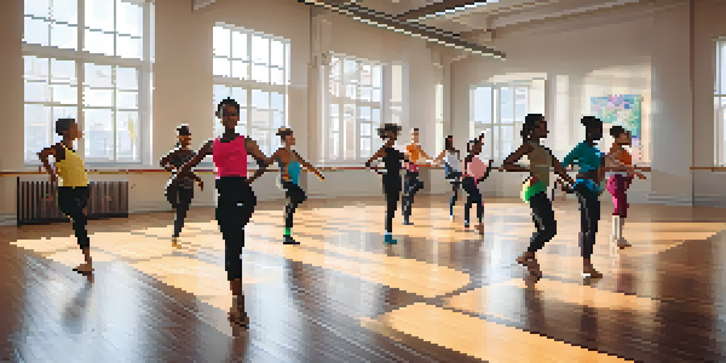 A lively dance class with diverse dancers practicing various styles in a bright room with a digital instructor.