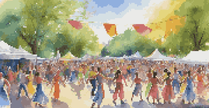 A lively outdoor dance festival in a park with dancers in colorful costumes and a joyful crowd.