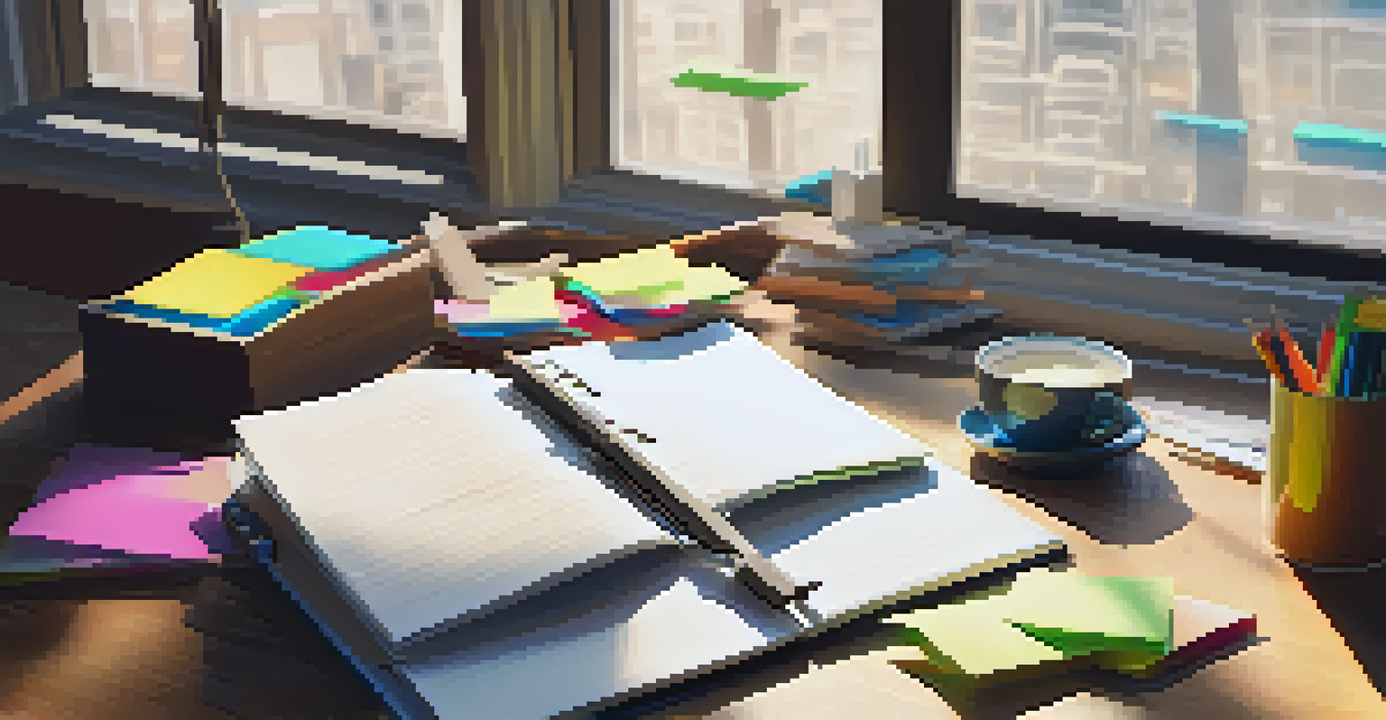 A desk with an open notebook, pen, sticky notes, and a laptop under natural sunlight, representing preparation for public speaking.