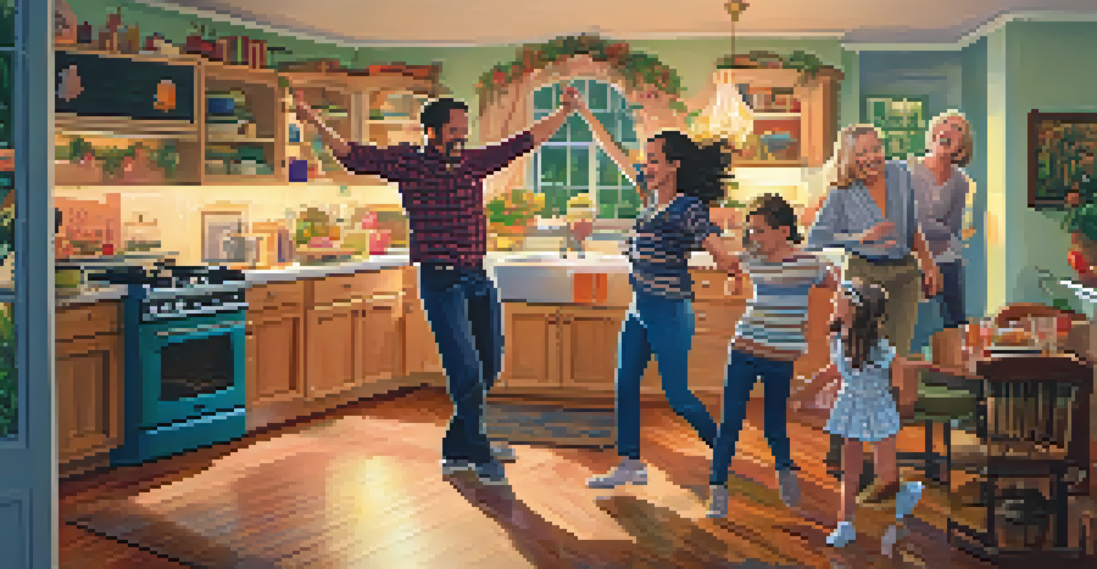 A family enjoying a fun dance party in their kitchen, filled with laughter and joy.