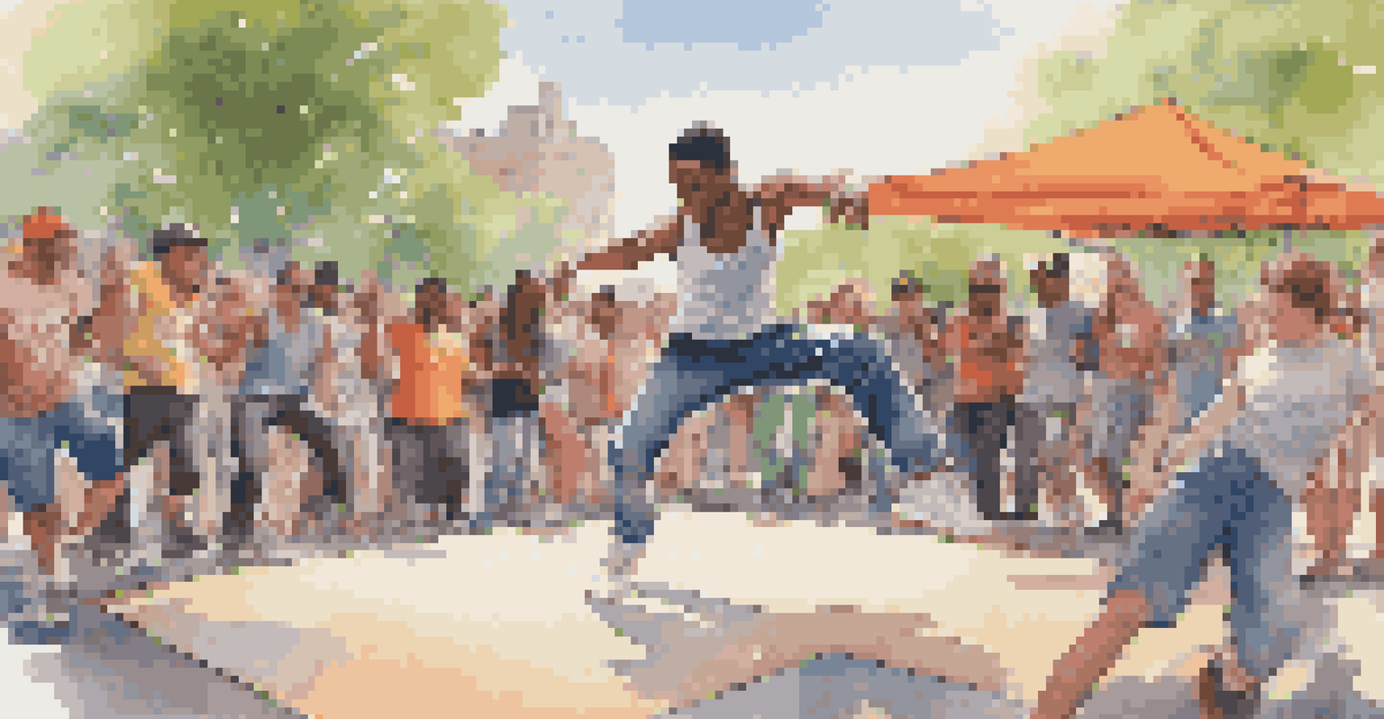 A breakdancer performing mid-spin in a park, with a DJ spinning records nearby and spectators cheering in the background.