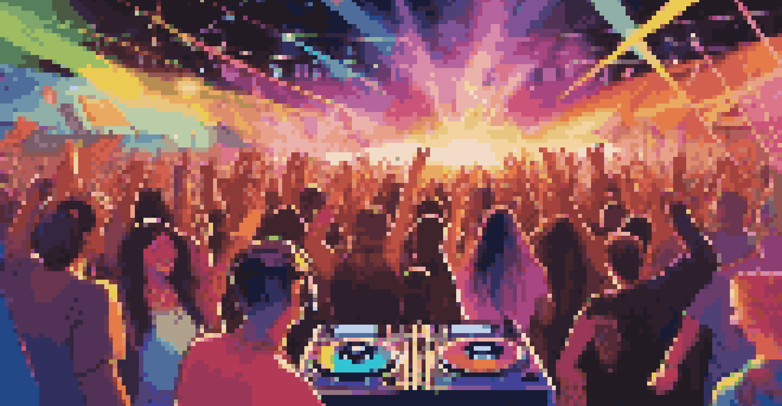 A lively outdoor festival with a DJ and energetic dancers illuminated by colorful lights at sunset.
