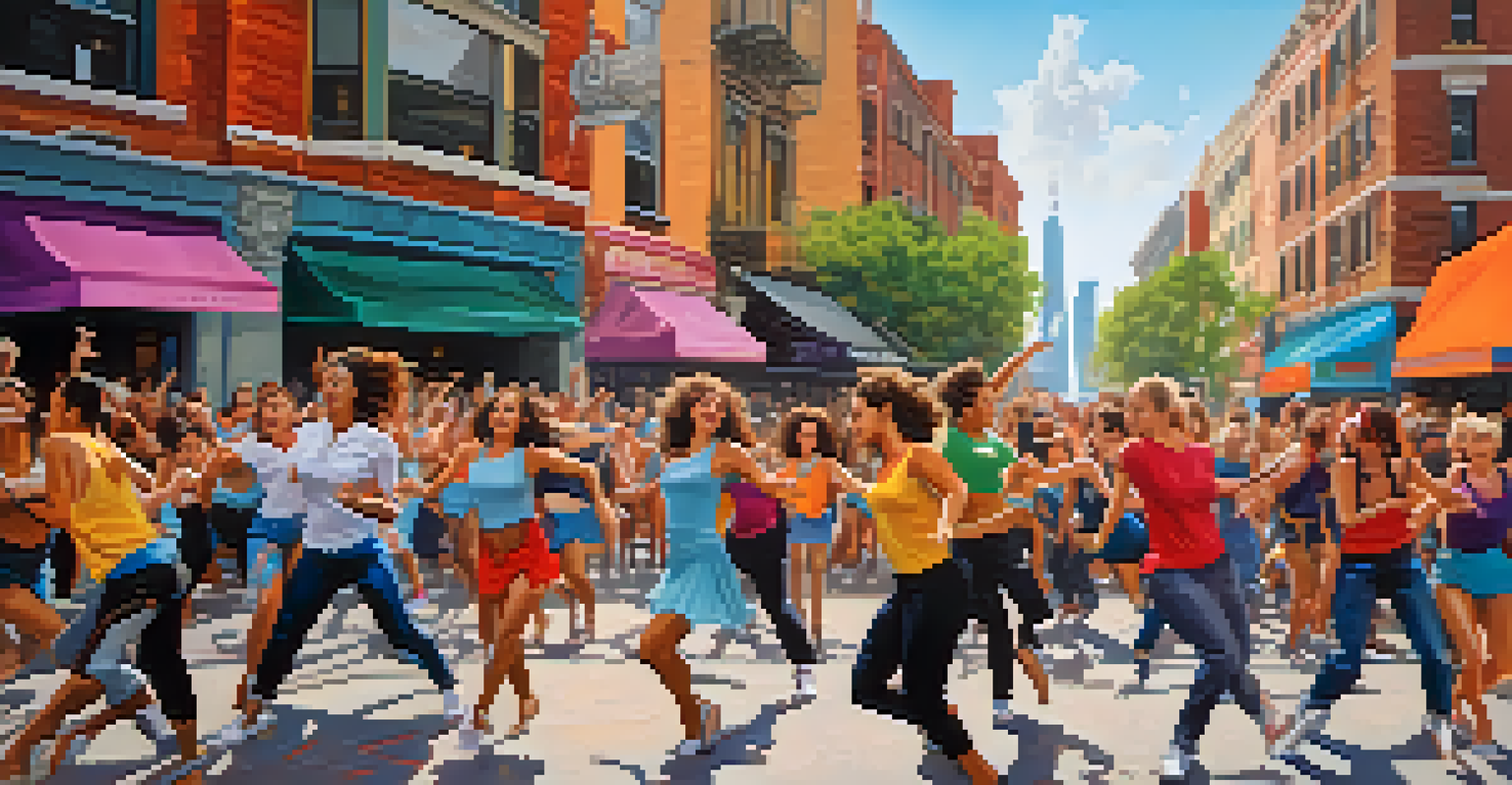 A group of dancers performing a flash mob in a lively urban environment, with onlookers enjoying the performance in the background.