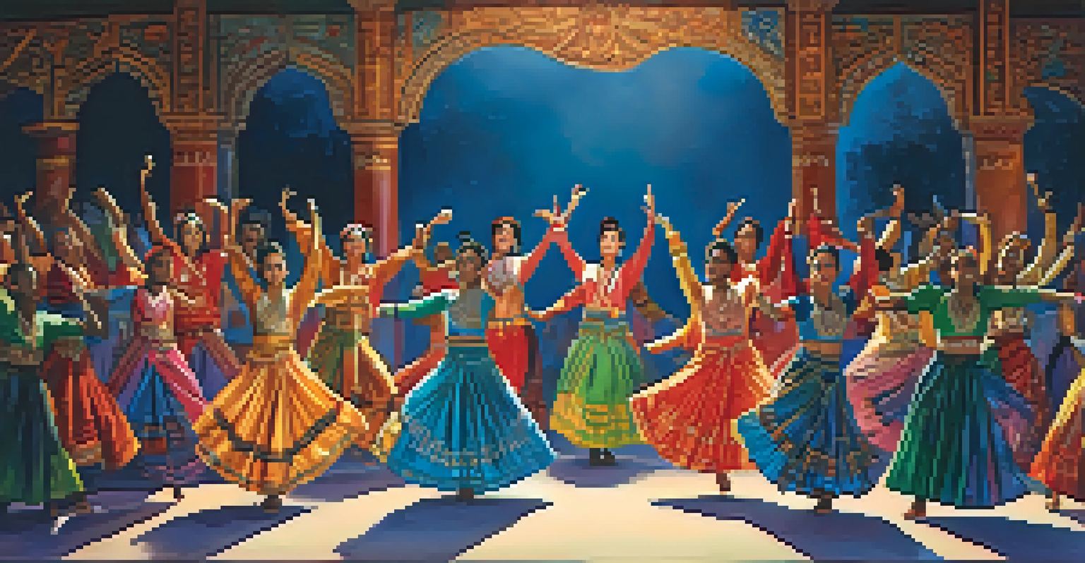 A diverse group of dancers performing a synchronized routine on stage, with colorful costumes and an engaged audience in the foreground.