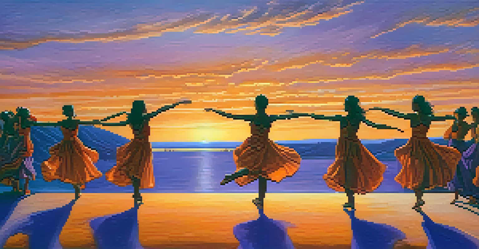 Dancers performing outdoors at sunset, with colorful sky and an engaged audience.