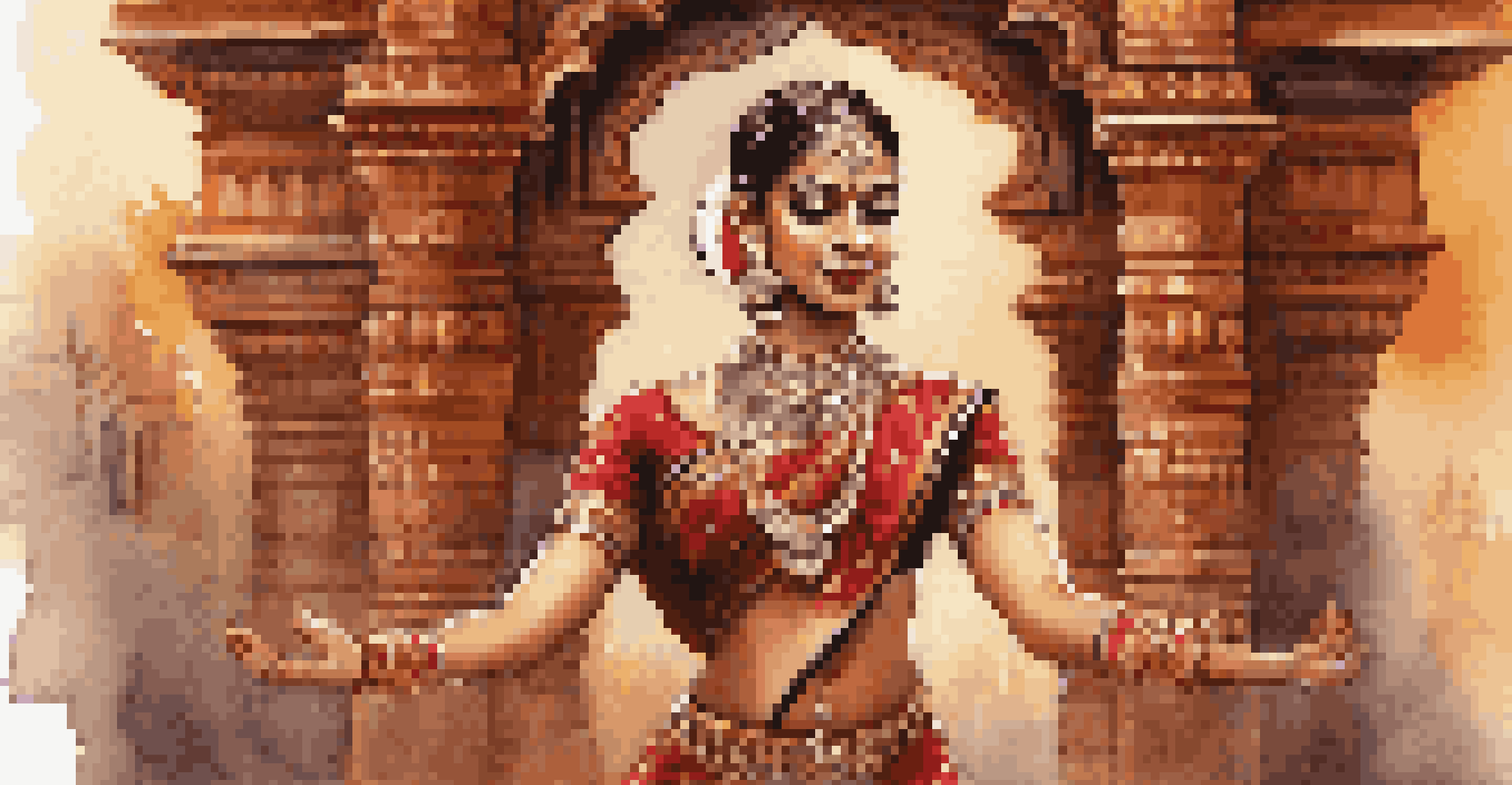 A Bharatanatyam dancer in a vibrant costume poses gracefully in front of intricate temple architecture. The scene is rich in color and texture, illuminated by warm light.