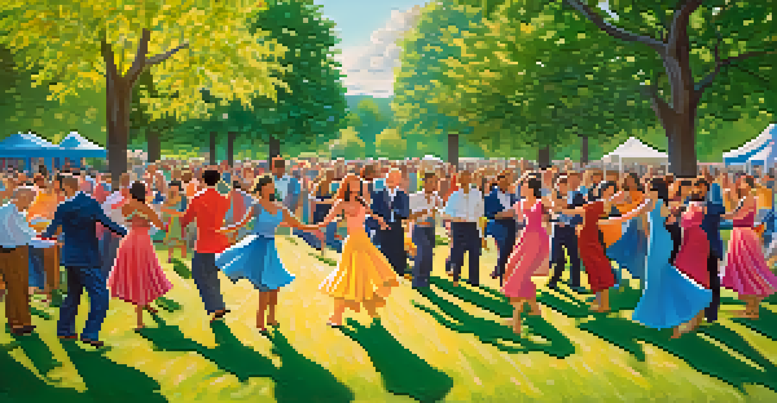 A joyful outdoor dance event in a park with people dancing in a circle surrounded by greenery.