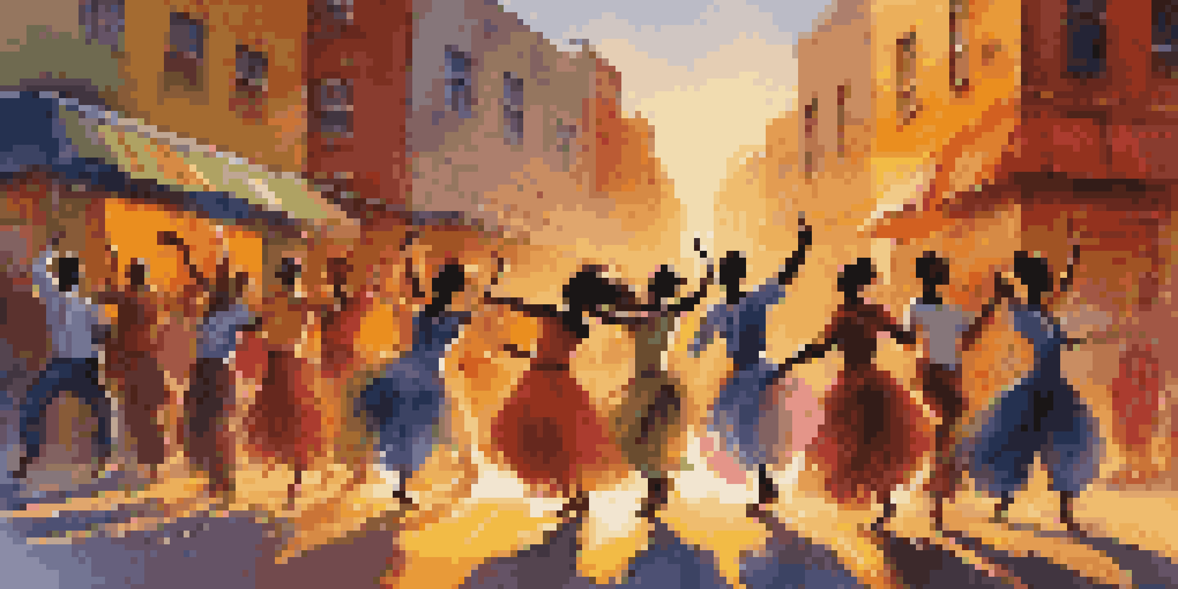 A group of diverse dancers performing in an urban setting at sunset, surrounded by colorful street art and wearing vibrant costumes that showcase their cultural backgrounds.