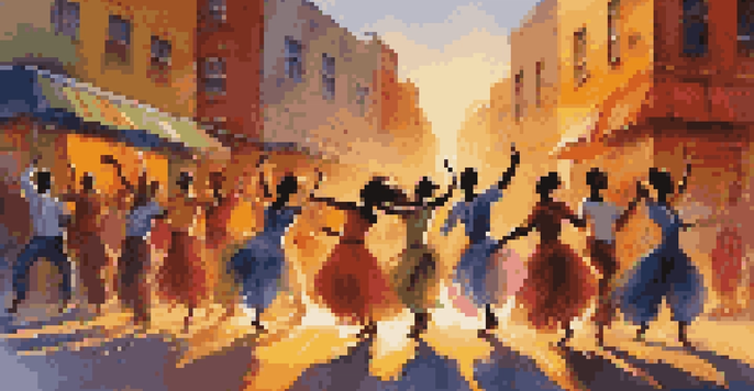A group of diverse dancers performing in an urban setting at sunset, surrounded by colorful street art and wearing vibrant costumes that showcase their cultural backgrounds.