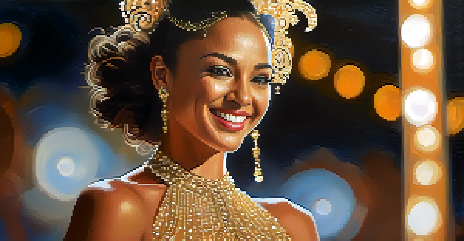 A close-up of a smiling dancer in a costume, radiating confidence and joy before a performance on stage.