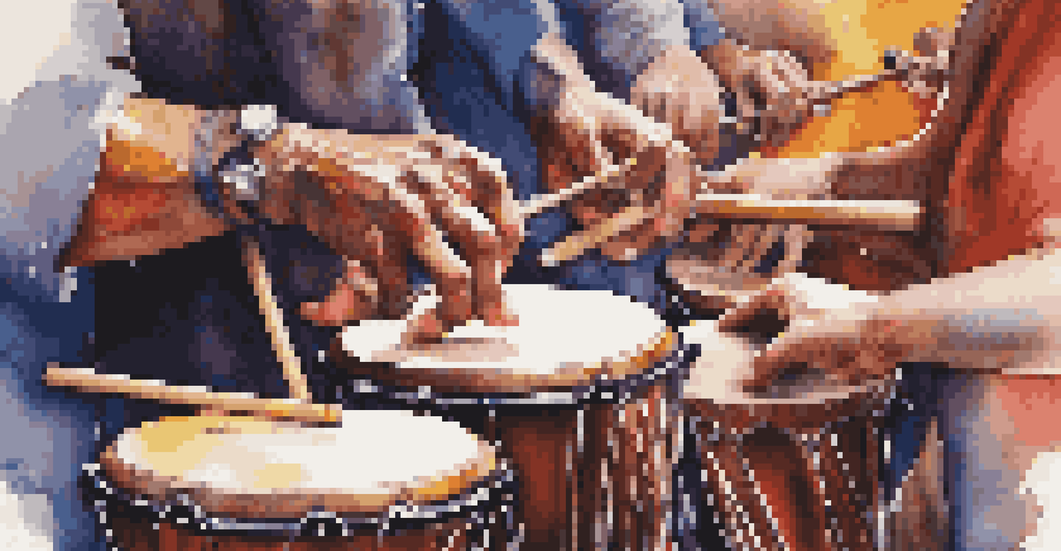 Close-up of hands playing traditional percussion instruments against a colorful background of a dance music event.