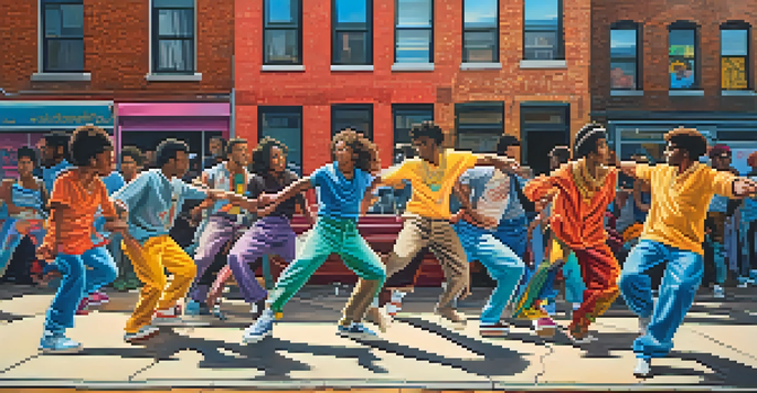 A lively street scene in the Bronx with dancers performing breakdancing amidst colorful graffiti and old brick buildings.