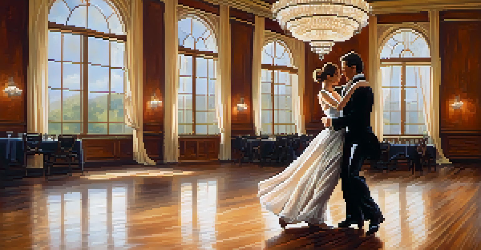 A couple elegantly dancing in a ballroom, surrounded by soft lighting and vintage decor, showcasing grace and connection.