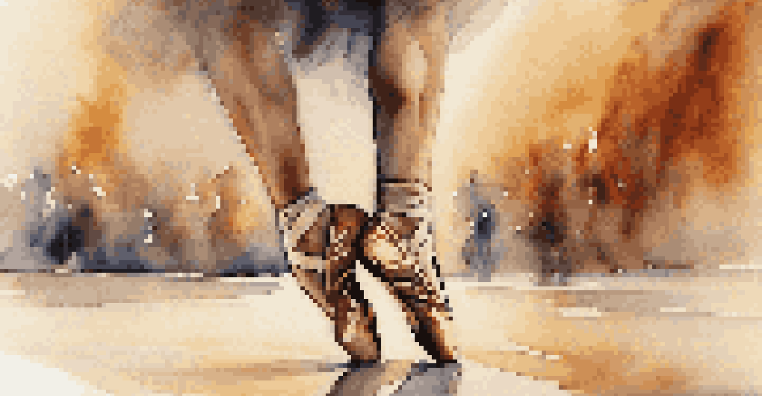 A close-up of a dancer's feet in motion, highlighting the details of their footwear and the dance floor.