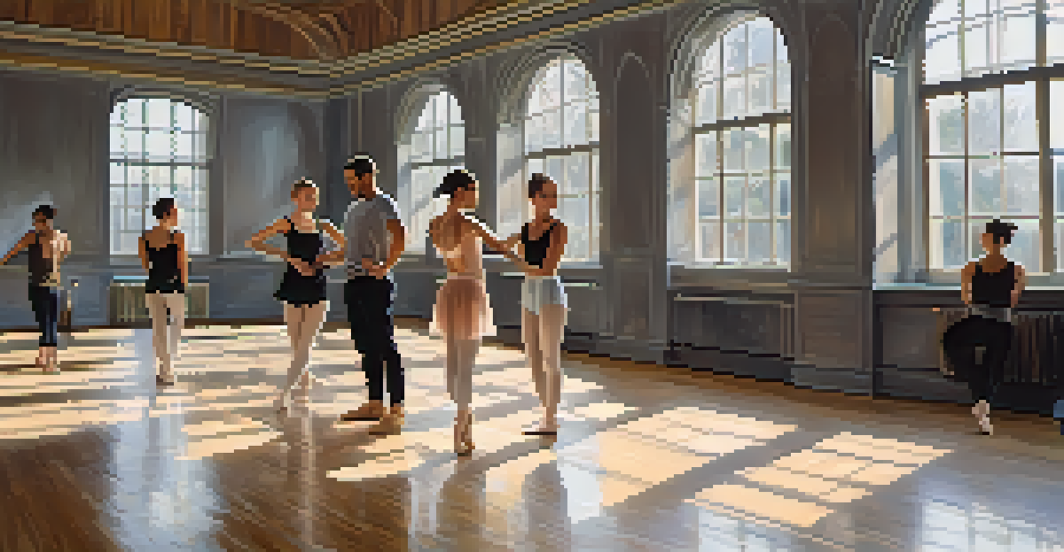 Male and female ballet dancers collaborating in a bright rehearsal studio, discussing choreography.