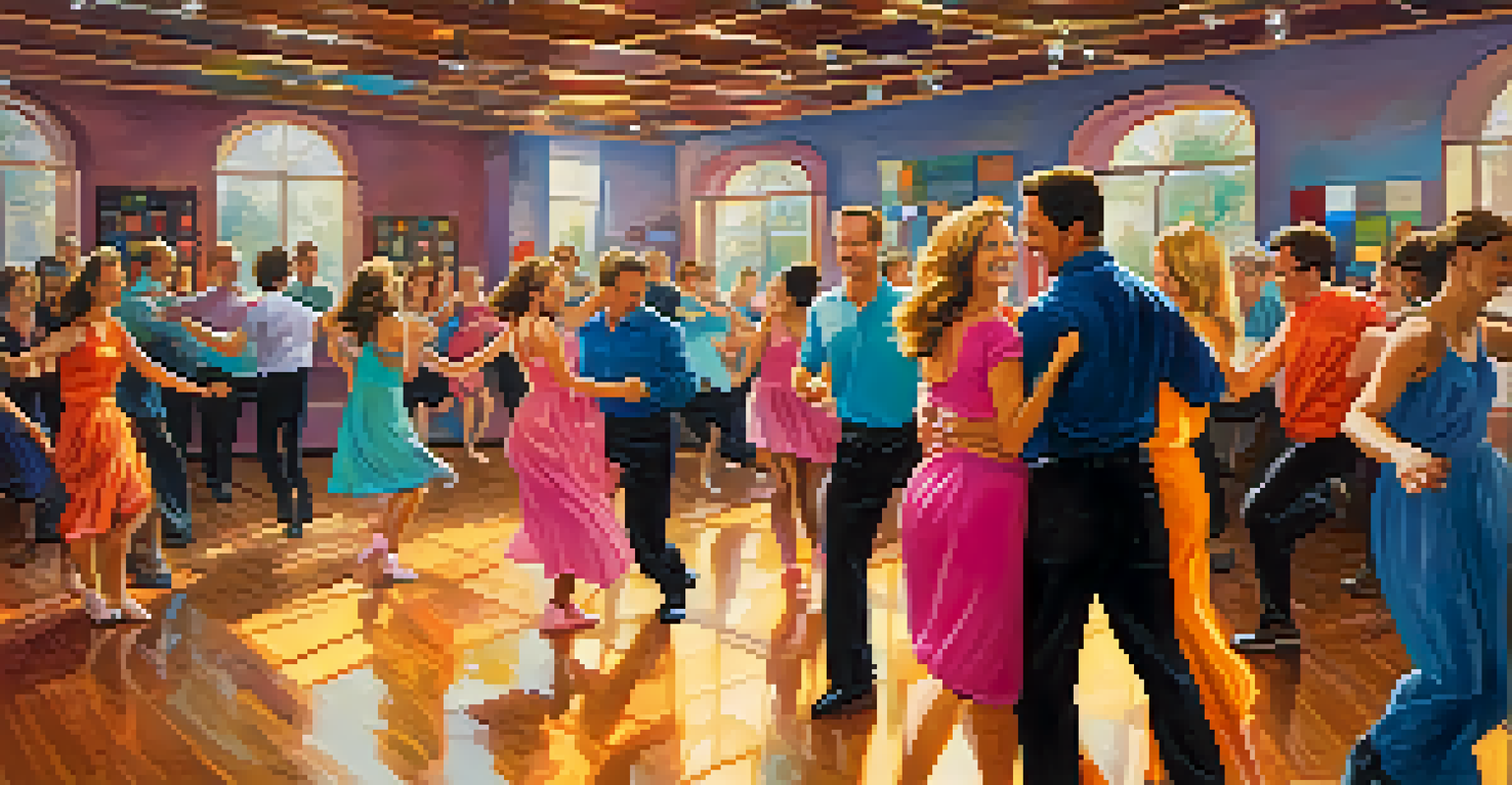 A lively dance class with couples enjoying partner dance and sharing joyful moments.