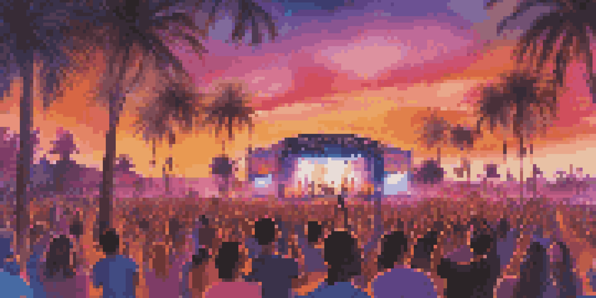 A lively dance music festival with musicians on stage, colorful lights, and an audience in cultural attire dancing at sunset.