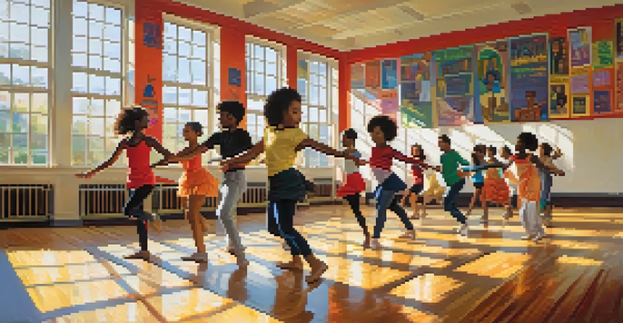 A lively dance classroom with diverse students practicing different dance styles under bright sunlight.