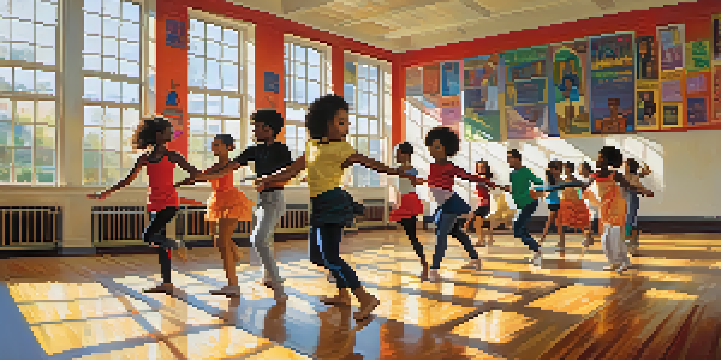 A lively dance classroom with diverse students practicing different dance styles under bright sunlight.